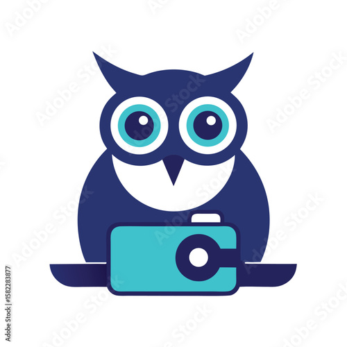 Cute cartoon owl holding a camera and looking at the viewer