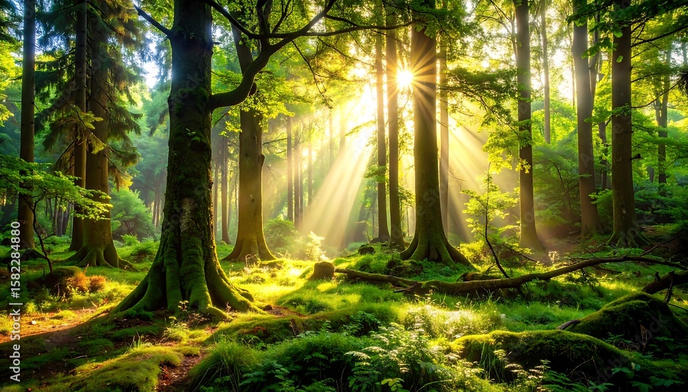 Obraz premium Sunlight streams through a lush forest (3)