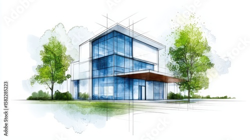 Engineer drawing construction concept. Modern architectural sketch featuring glass and wood elements surrounded by greenery.