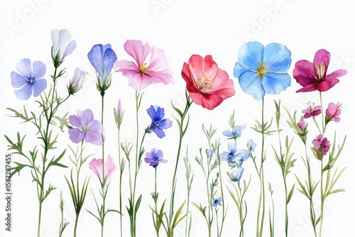 Botanical Beauty Delicate Watercolor Flowers in Full Bloom Painting Style Art on white background. Generative AI