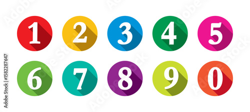 Number set of zero to nine with shadow effect. Colorful circles and numbers. Numbers symbols with long shadow. Number digit vector icon in colorful circle. Set of 1-9 numbers vector.