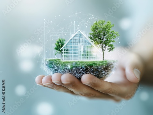 Wallpaper Mural Engineer drawing construction concept. A hand holds a transparent model of a house surrounded by trees, symbolizing sustainable living. Torontodigital.ca