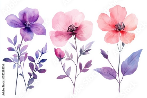Watercolor Flowers Art Print Floral Design Botanical Illustration Pastel Colors on white background. Generative AI
