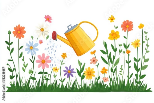 Watering colorful garden scene summer blooms spring flowers nature illustration on white background. Generative AI