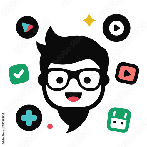 Happy geeky character surrounded by app icons and symbols