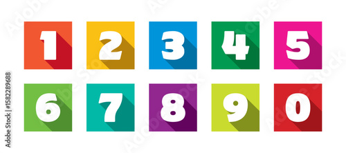 Number set of zero to nine with shadow effect. Colorful circles and numbers. Numbers symbols with long shadow. Number digit vector icon in colorful circle. Set of 1-9 numbers vector.
