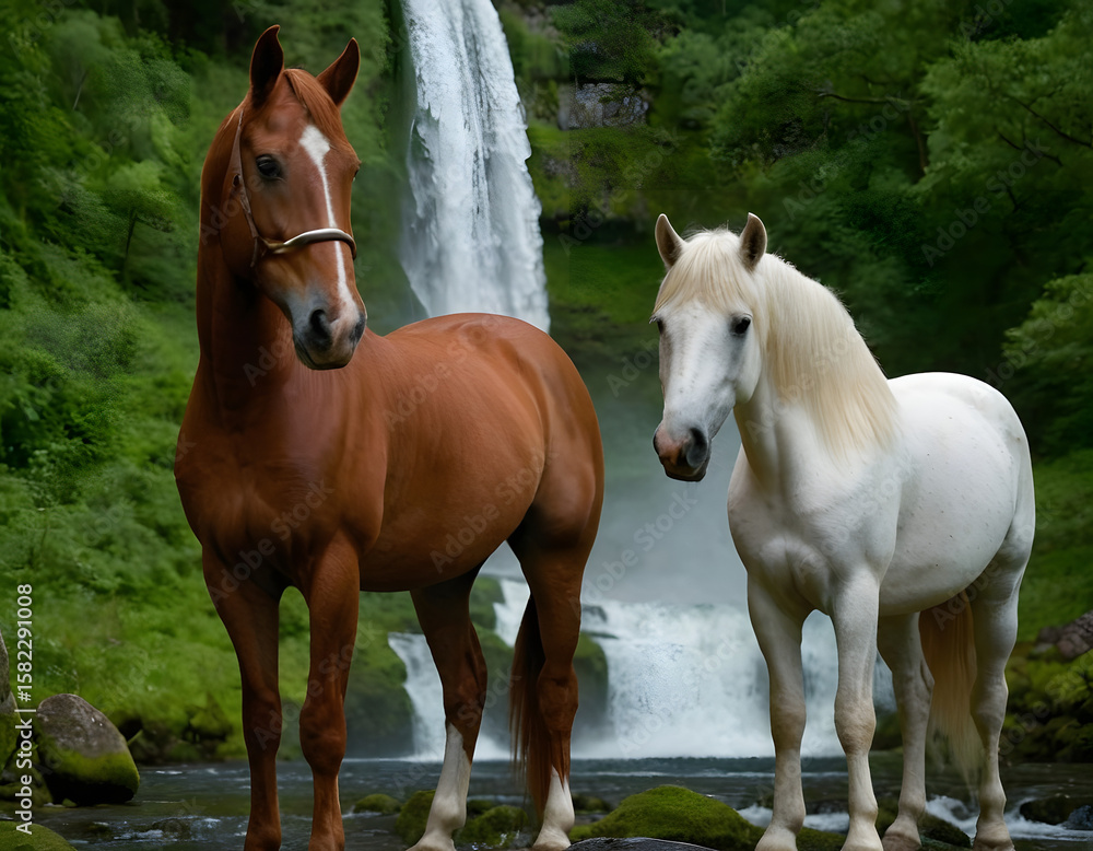 Obraz premium Red and white horses are in the green forest with a beautiful waterfall. horses in the green field.