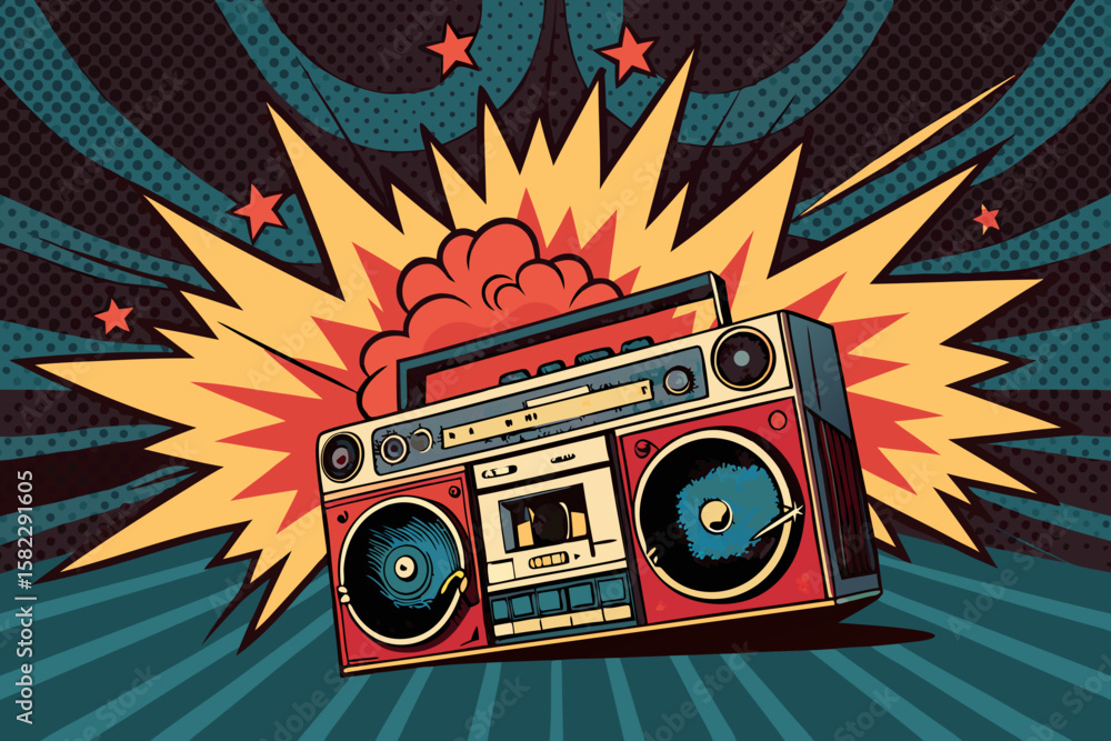 Obraz premium Amazing Boombox with Exploding Audio Waves Comic Refined Artistry Collection Rich Luxurious Quality Perfect for Social Media Content Corporate Communication Asset Premium Creative Asset