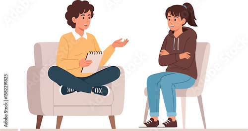Illustration of a therapist sitting in a chair with a notepad, talking to a young female patient sitting opposite him