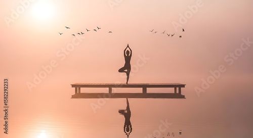 Silhouette of a woman practicing yoga tree pose on a dock at sunrise with birds flying