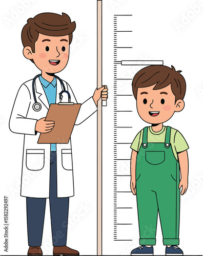 A doctor measures the height of a young boy with a measuring stick during a check-up