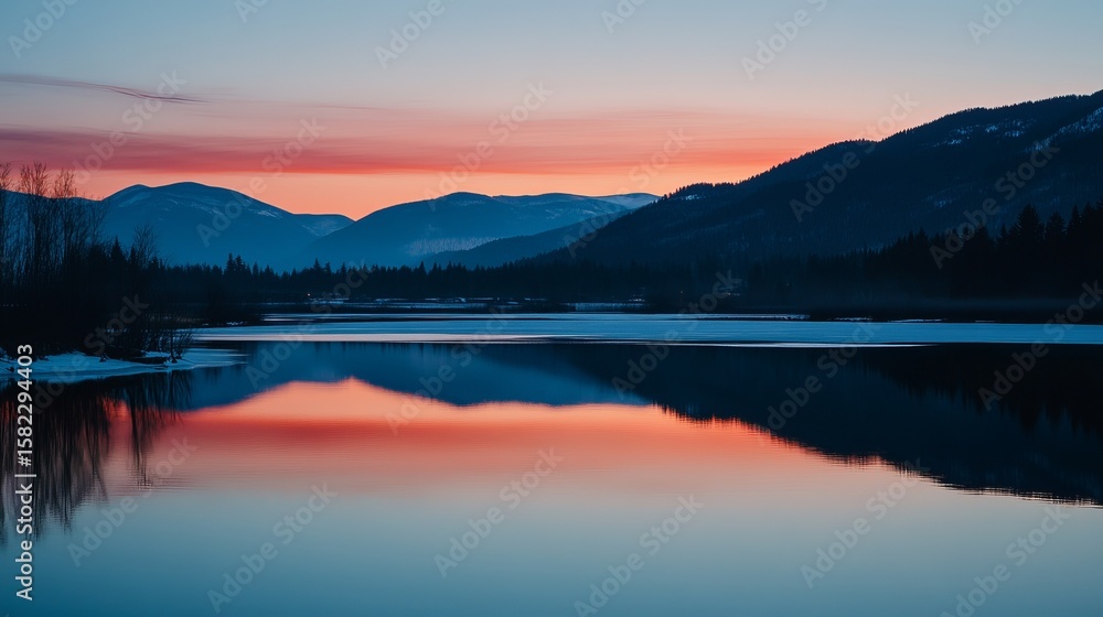 Fototapeta premium Serene sunset over a calm lake reflecting the vibrant sky and snow-capped mountains