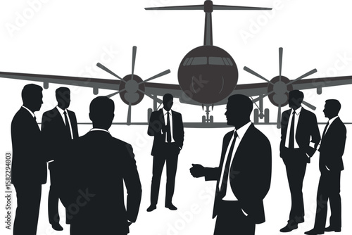 Business aviation meeting group of executives with private jet on tarmac vector