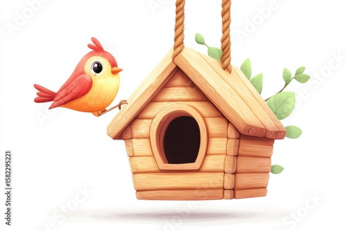 A Sweet Bird Perched by its Charming Birdhouse Springtime Haven Illustration on white background. Generative AI