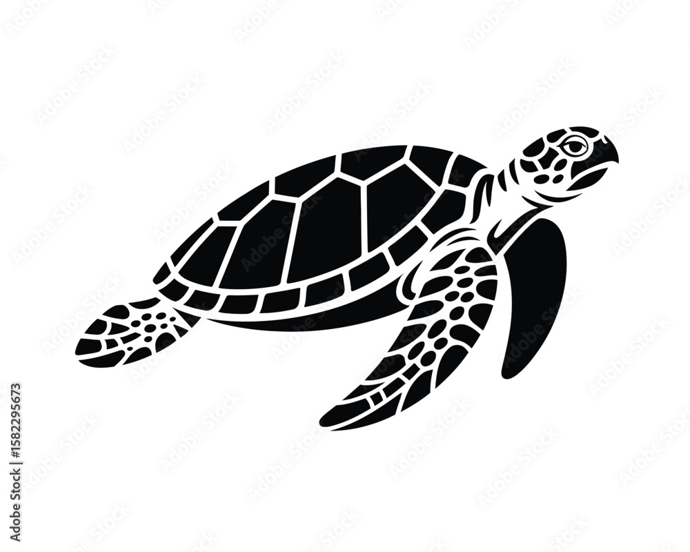 Obraz premium Stylized Tribal Sea Turtle in Motion – Black Ink Line Art with Textured Shell and Flowing Flippers