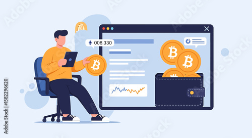 Man Managing Cryptocurrency Wallet and Investments