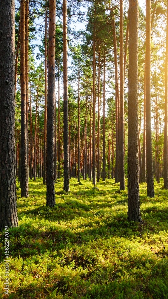 Fototapeta premium Sunlight filters through tall pine trees