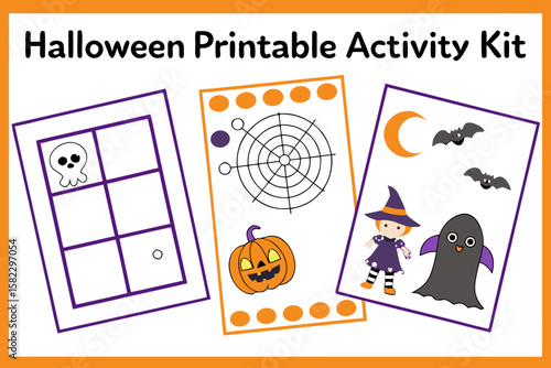Three halloween themed printable activity pages with a grid, spider web, pumpkin, witch, bats and ghost