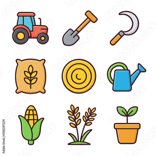 gardening icons set. Colorful flat icons of tractor shovel sickle watering can hay bale corn seedling and crops for farming or gardening design