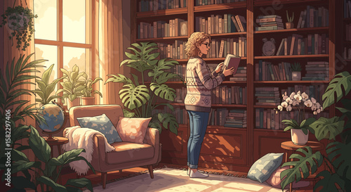 Woman Reading Book in Cozy Library with Plants