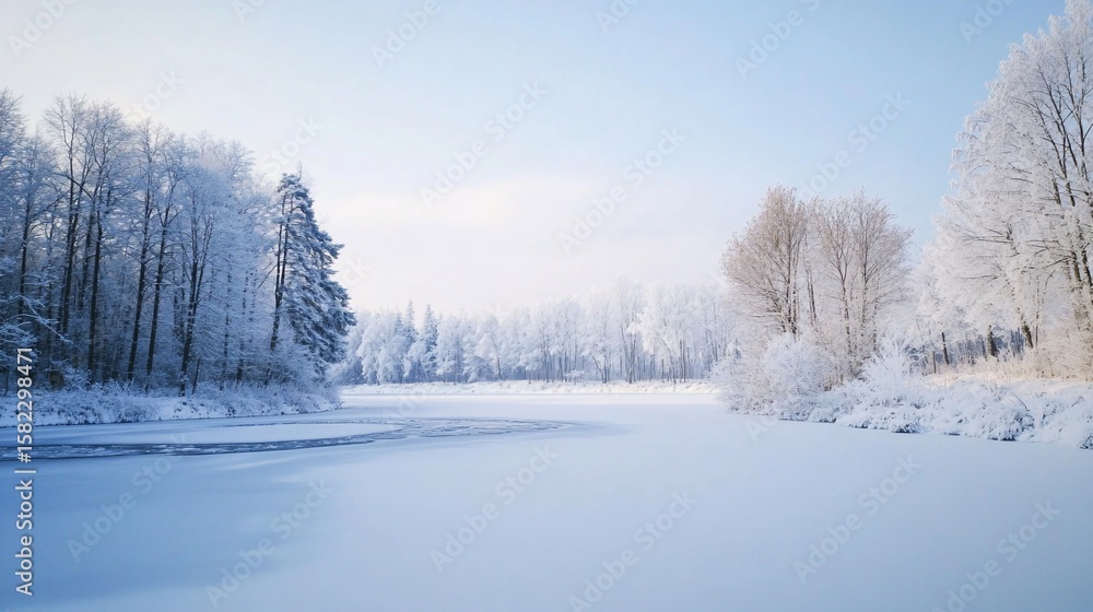 Serene Winter Landscape with Snow-Covered Trees and Frozen Water Serene Winter Landscape with Snow-Covered Trees and Frozen Water