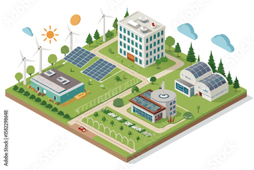 Enchanting Isometric Eco Campus Powered Solar Wind Professional Quality Premium Serene Peaceful Atmosphere Excellent for Creative Portfolio Work Digital Marketing Content Creation Creative Asset