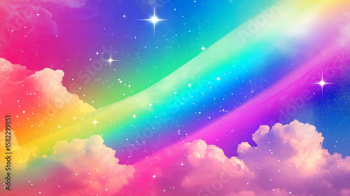 Colorful holographic rainbow background with fluffy clouds and twinkling stars under a dreamy sky