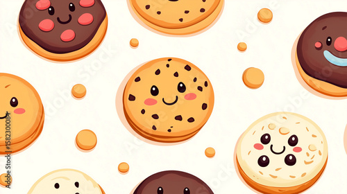 Kawaii-style illustration showcasing an array of cheerful cookies with unique designs and colors, perfect for a sweet-themed collection
