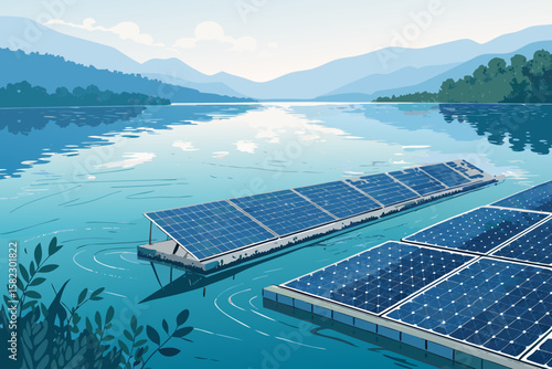 Magnificent Floating Solar Panels Lake Peaceful Sophisticated Design Element Soft Gentle Expression Perfect for Commercial Marketing Projects Commercial Ready Professional Content Creative Asset