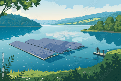 Remarkable Floating Solar Panels Lake Peaceful Editorial Quality Content Serene Peaceful Atmosphere Perfect for Print Publication Design Social Media Ready Visual Content Creative Asset