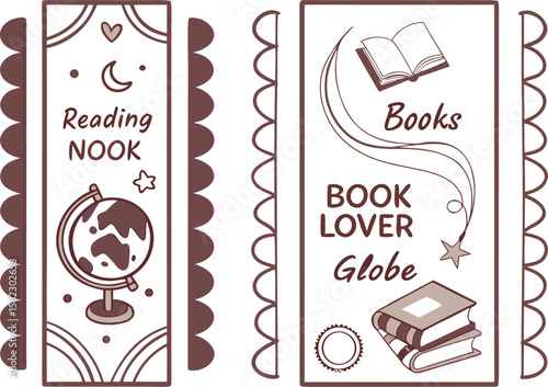 Illustration of a bookmark set with inspiring quotes for book lovers and decorative elements design style