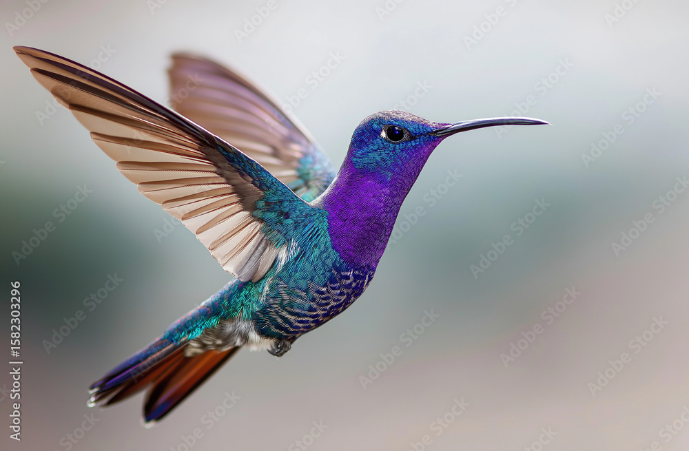Obraz premium Photo of a hummingbird in flight, with its iridescent violet feathers and long beak
