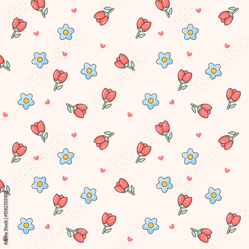 Seamless Floral Pattern Background with Tulips and Hearts