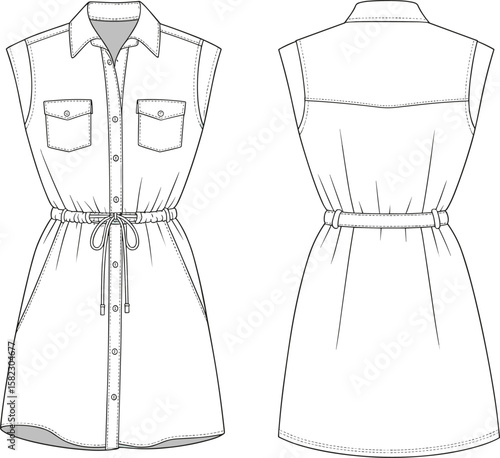 Sleeveless shirt dress vector template, front and back fashion flat sketch, button down design, drawstring waist, pocket details, summer casual