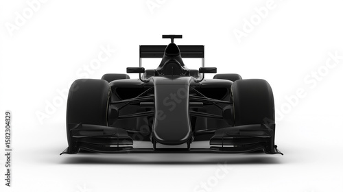 front view of black formula one racing car on white background.