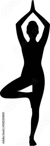 Yoga Woman Silhouette in Tree Pose (Vrikshasana) – Peaceful Female Figure Practicing Balance and Meditation in Standing Yoga Position, Minimal Black Fitness Icon Symbolizing Wellness and Mindfulness