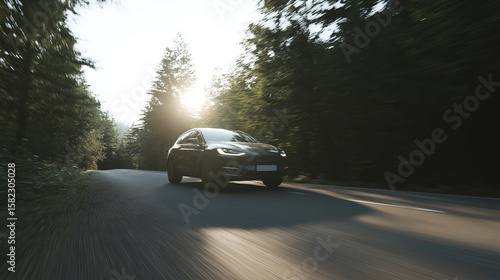 black electric suv driving fast on forest road with sun flare.