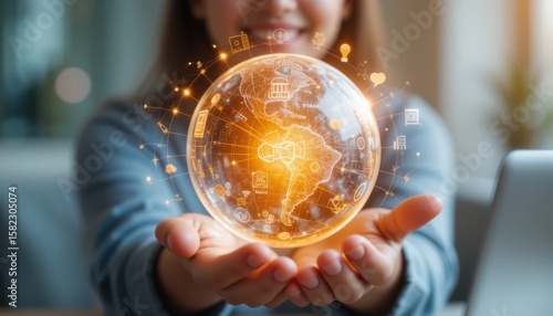Woman showcasing a digital globe hologram, symbolizing global connectivity