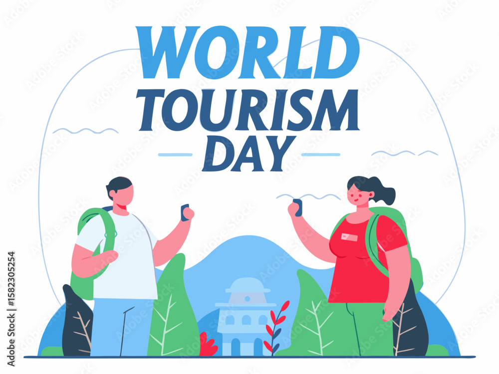 Obraz premium Celebrating World Tourism Day Two Tourists with Backpacks and Phones Enjoying a Scenic View illustration
