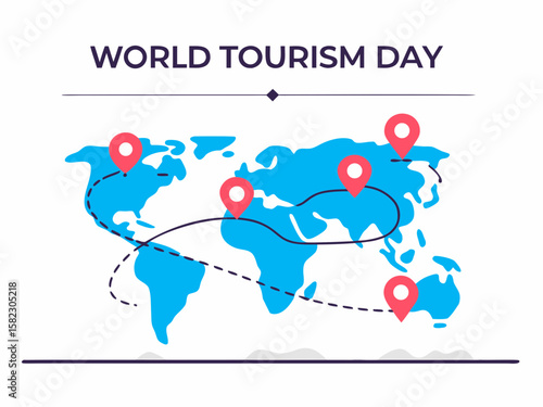 World Tourism Day A Blue World Map with Red Location Pins and Travel Routes stylized