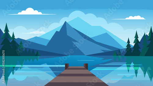 Cartoon Mountain Lake with Dock and Pine Trees Vector Illustration