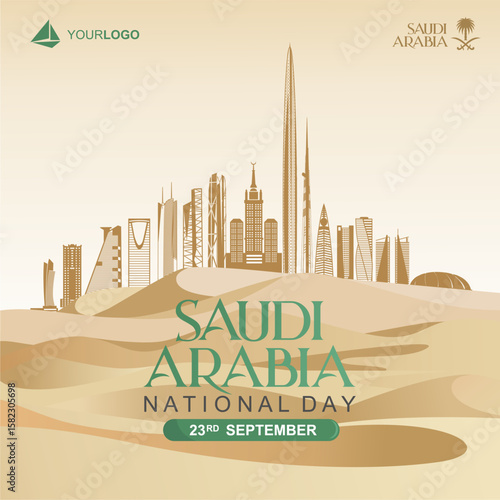Beautiful 95th Saudi Arabia National Day 2025 vector illustration design with amazing view of Saudi Skyline from the desert. Saudi future background. Best for poster, banner, greeting, background