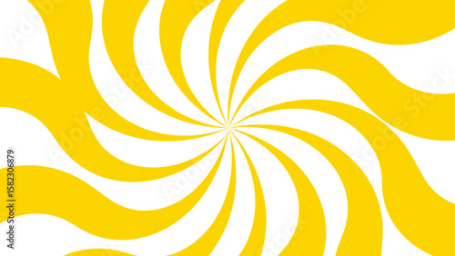 Abstract vibrant radial swirl pattern with alternating curved yellow and white segments spiraling. Dynamic, hypnotic pinwheel effect with smooth wave rotation and motion. 