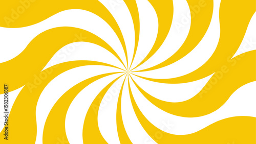 Abstract vibrant radial swirl pattern with alternating curved yellow and white segments spiraling. Dynamic, hypnotic pinwheel effect with smooth wave rotation and motion. 