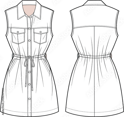 Sleeveless shirt dress vector, front and back view, fashion technical flat sketch, casual women dress design, button down, pockets