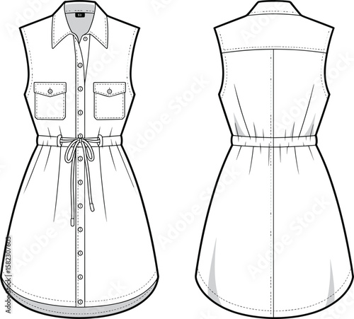 Sleeveless shirt dress vector, front and back view, fashion flat sketch, button down design, pockets, waist tie, summer casual