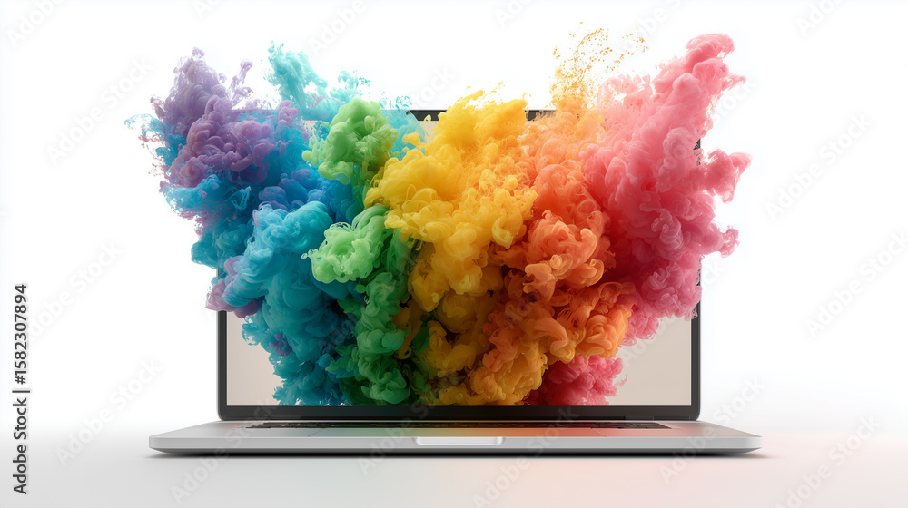 Fototapeta premium A laptop screen with vibrant, colorful smoke plumes billowing outwards. The smoke features a spectrum of colors including blue, green, yellow, orange, and pink.