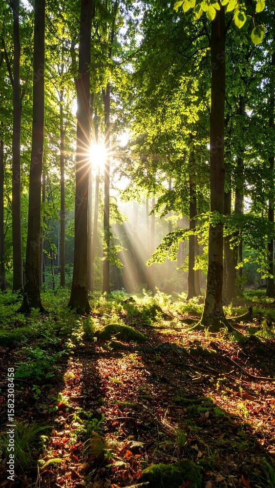 Fototapeta premium Sunlight streams through lush forest canopy (1)