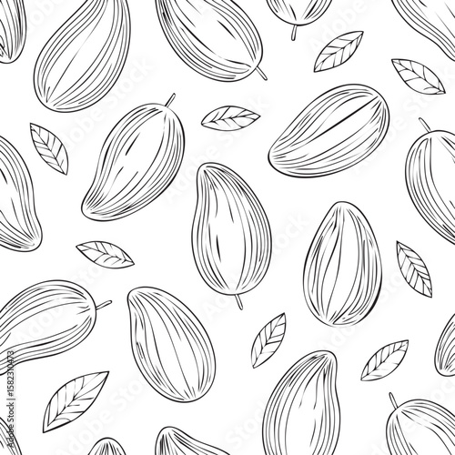 Black and white mango line drawing pattern with leaves