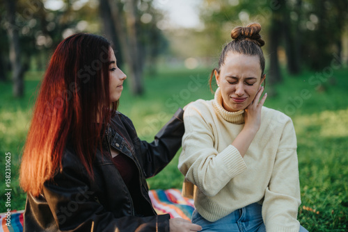 A young woman provides comfort to her emotional friend while seated on a blanket in a park. The image captures feelings of empathy and support in a tranquil outdoor environment.